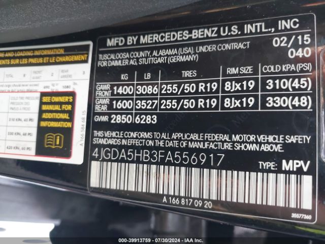 4JGDA5HB3FA556917 Mercedes-Benz Ml 350 4matic