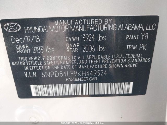 5NPD84LF9KH449524 Hyundai ELANTRA SEL