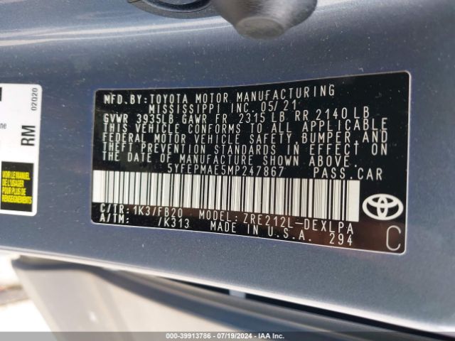 5YFEPMAE5MP247867 Toyota COROLLA LE
