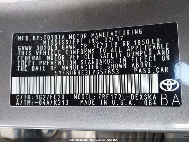 Toyota COROLLA SE 2017 5YFBURHE3HP657653 Image 9