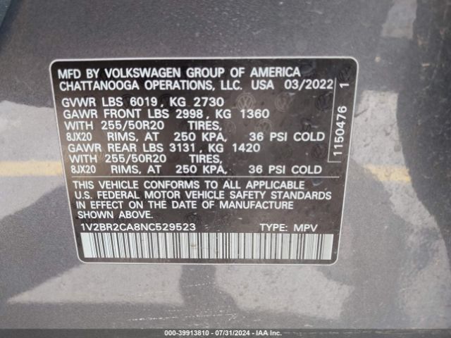 1V2BR2CA8NC529523 Volkswagen Atlas 3.6l V6 Sel