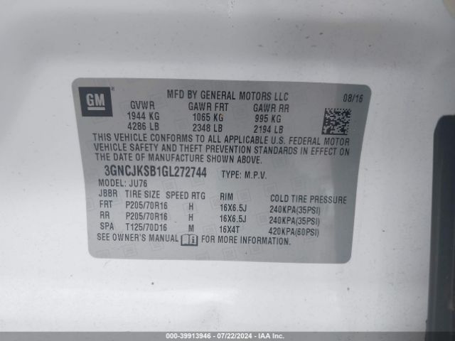 3GNCJKSB1GL272744 Chevrolet Trax 1ls