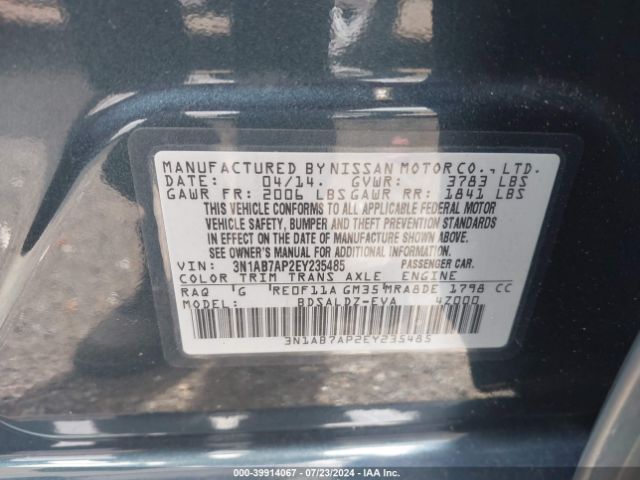3N1AB7AP2EY235485 Nissan Sentra Fe+ S/fe+ Sv/s/sl/sr/sv