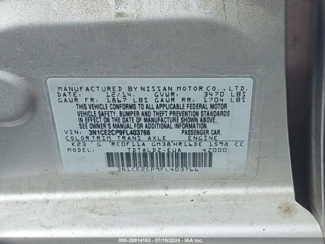 3N1CE2CP9FL403766 Nissan Versa Note S (sr)/s Plus/sl/sr/sv