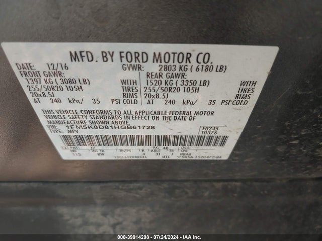 Ford EXPLORER XLT 2017 1FM5K8D81HGB61728 Image 9