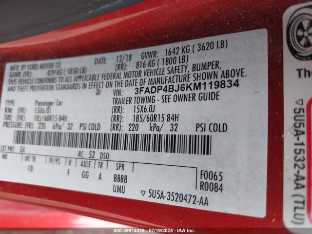 Ford FIESTA SE 2019 3FADP4BJ6KM119834 Image 9