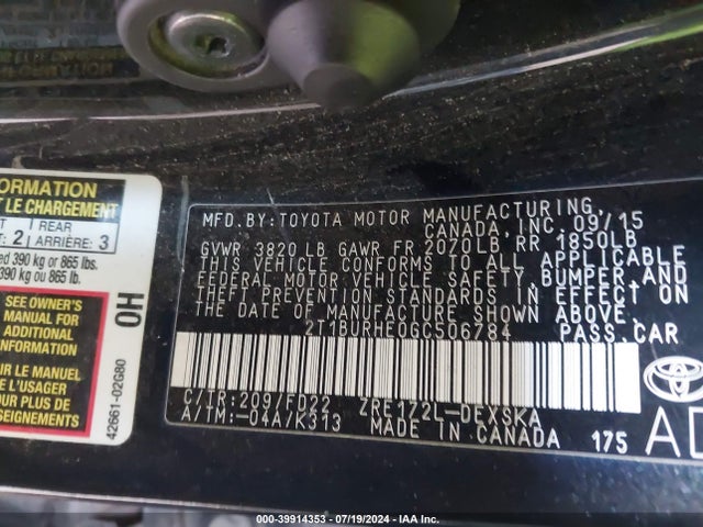 Toyota Corolla S Plus 2016 2T1BURHE0GC506784 Image 9