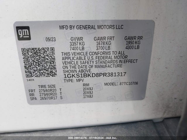 1GKS1BKD8PR381317 GMC Yukon 2wd Slt
