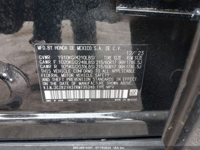 3CZRZ1H37RM735340 Honda Hr-v 2wd Lx