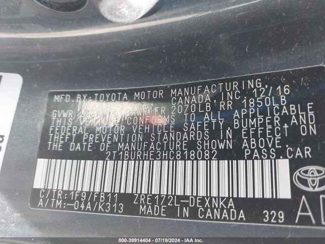 Toyota COROLLA LE 2017 2T1BURHE3HC818082 Image 9