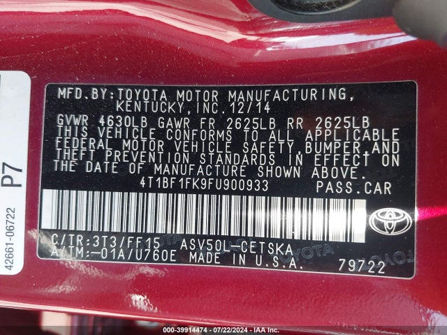 Toyota CAMRY SE 2015 4T1BF1FK9FU900933 Image 9