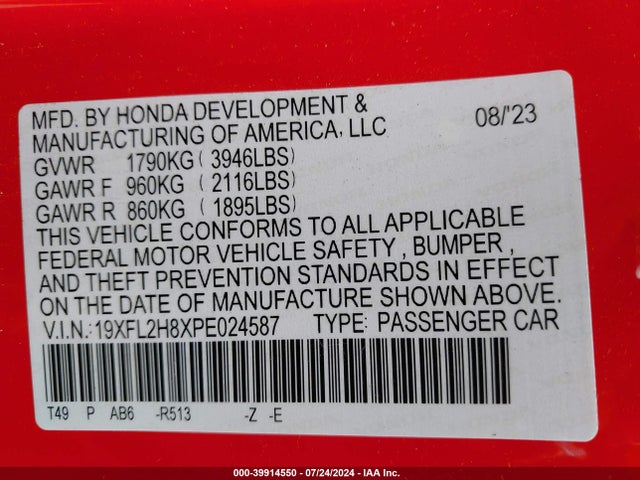 Honda Civic Sport 2023 19XFL2H8XPE024587 Image 9