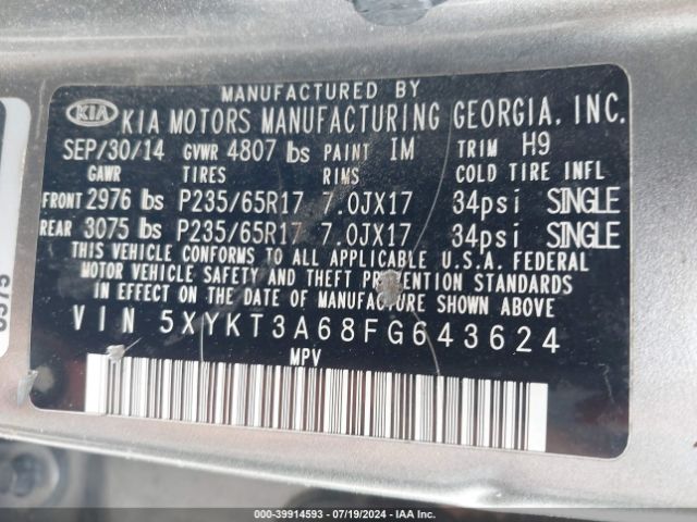 5XYKT3A68FG643624 KIA SORENTO LX