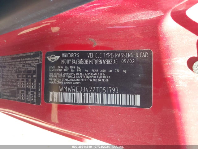 2002 MINI COOPER S WMWRE33422TD51793 Photo 8