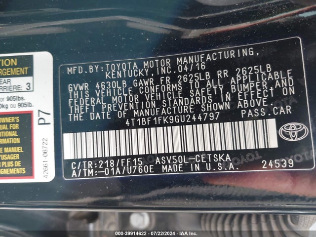 Toyota CAMRY SE 2016 4T1BF1FK9GU244797 Image 9