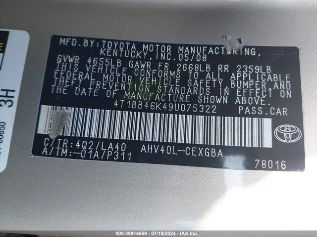 Aukcja sprzedaży 2009 Toyota Camry Hybrid, vin: 4T1BB46K49U075322, numer aukcji: 39914659