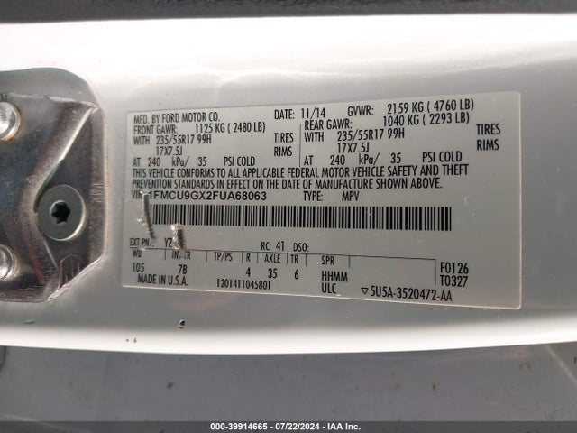 Ford ESCAPE SE 2015 1FMCU9GX2FUA68063 Image 9