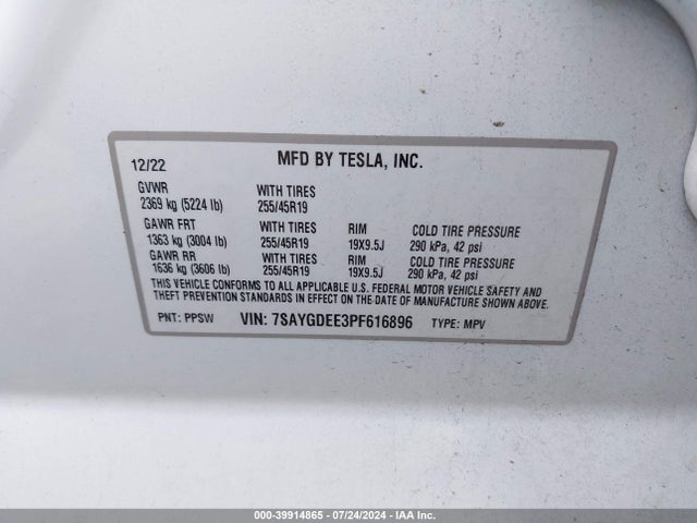 7SAYGDEE3PF616896 Tesla Model Y Awd/long Range Dual Motor All-wheel Drive