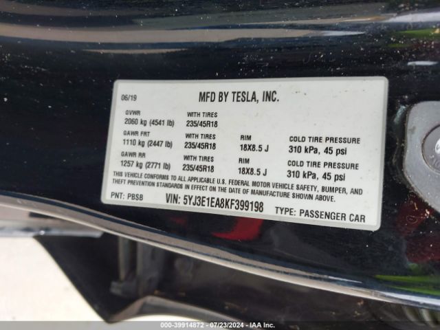 5YJ3E1EA8KF399198 Tesla Model 3 Long Range/mid Range/standard Range/standard Range Plus