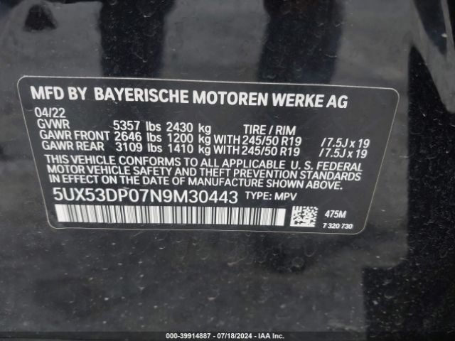 5UX53DP07N9M30443 BMW X3 Xdrive30i