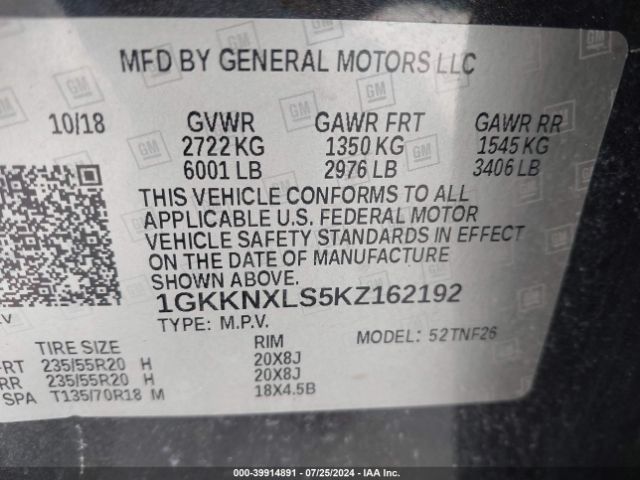 1GKKNXLS5KZ162192 GMC Acadia Denali