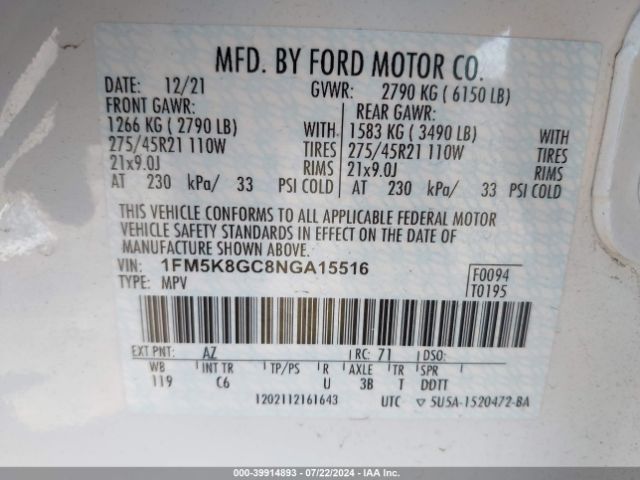 1FM5K8GC8NGA15516 Ford Explorer St