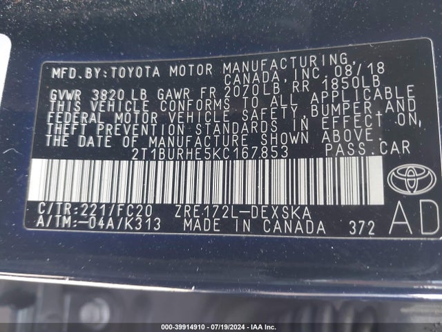 Toyota COROLLA SE 2019 2T1BURHE5KC167853 Image 9