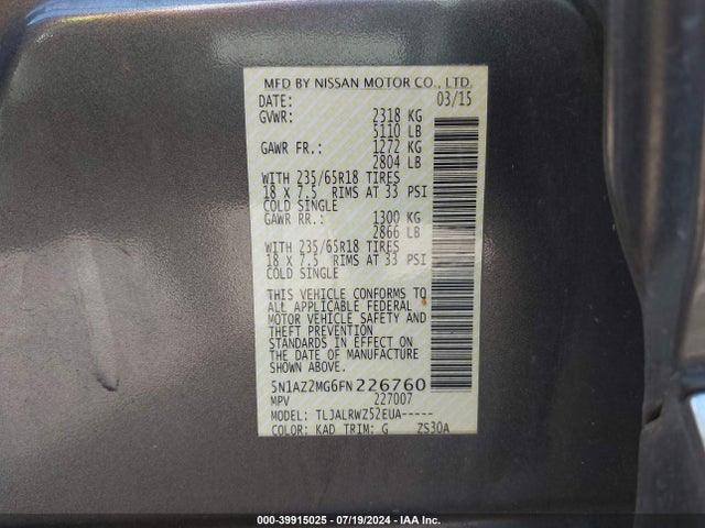 Nissan MURANO SL 2015 5N1AZ2MG6FN226760 Image 9