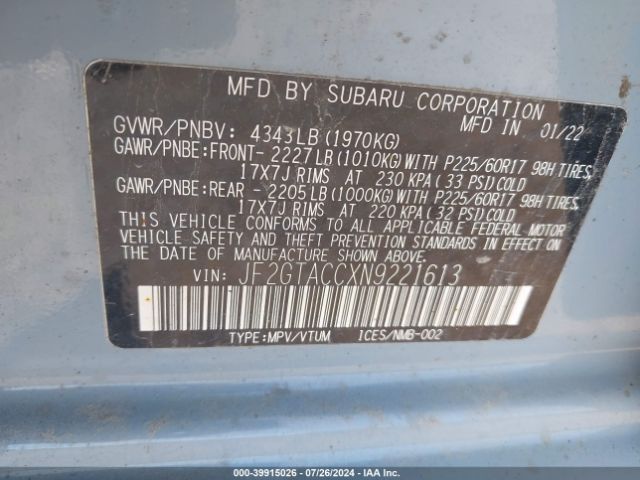JF2GTACCXN9221613 Subaru Crosstrek Premium
