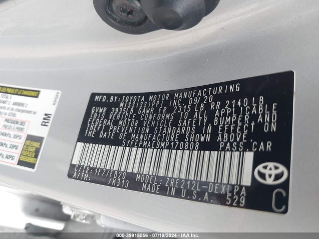 Toyota COROLLA LE 2021 5YFEPMAE9MP170808 Image 9
