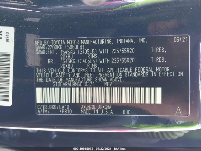 Toyota Highlander Hybrid Platinum 2021 5TDFARAH9MS010321 Image 9