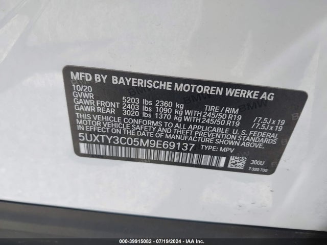 BMW X3 Sdrive30i 2021 5UXTY3C05M9E69137 Image 9