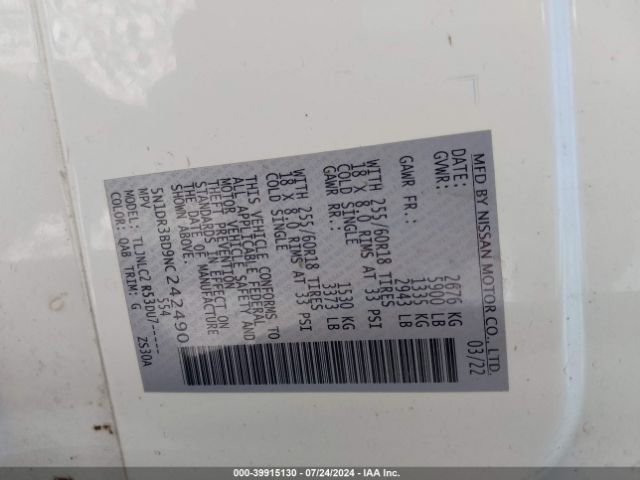 5N1DR3BD9NC242490 Nissan Pathfinder Sv 4wd