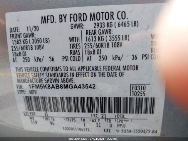 1FM5K8AB8MGA43542 Ford Police Interceptor Utility