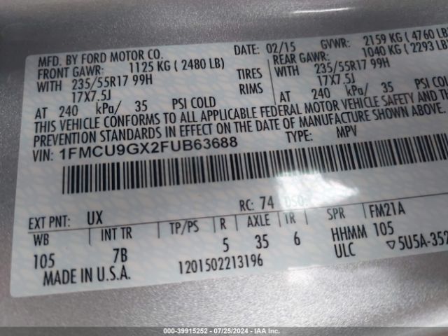 1FMCU9GX2FUB63688 Ford ESCAPE SE