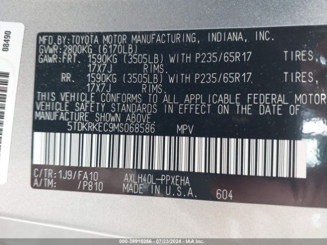 5TDKRKEC9MS068586 Toyota SIENNA LE