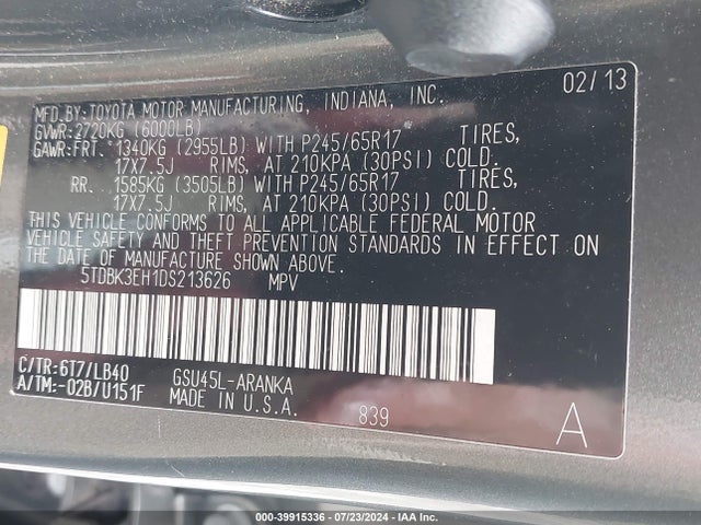 39915336 :رقم المزاد ، 5TDBK3EH1D5213626 vin ، 2013 Toyota Highlander مزاد بيع