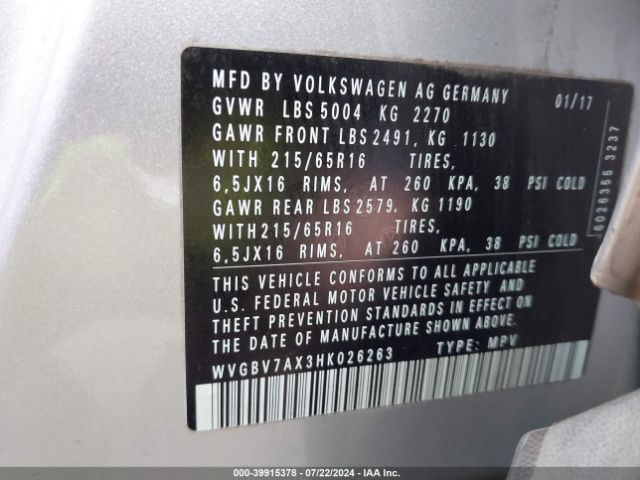 WVGBV7AX3HK026263 Volkswagen Tiguan 2.0t/2.0t S