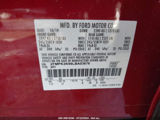 Ford Edge Titanium 2020 2FMPK3K99LBA03676 Image 9