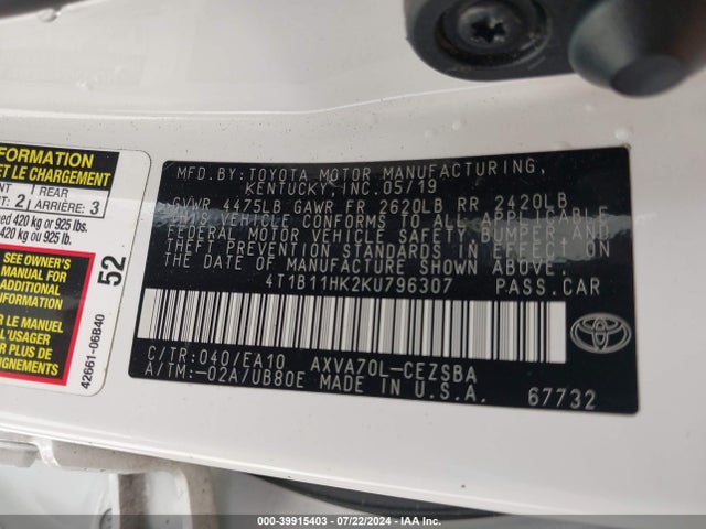 Toyota CAMRY SE 2019 4T1B11HK2KU796307 Image 9