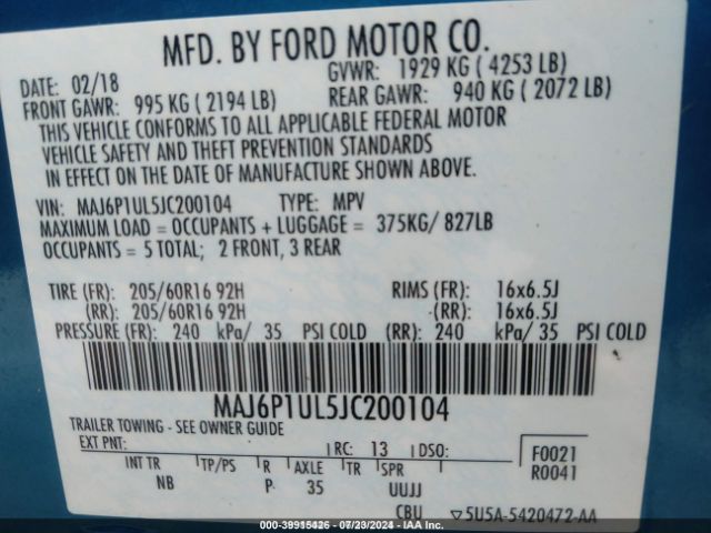 MAJ6P1UL5JC200104 Ford Ecosport Se
