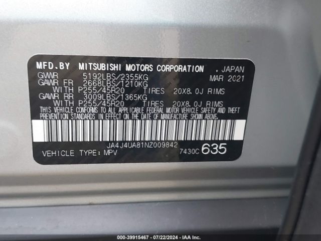 JA4J4UA81NZ009842 Mitsubishi Outlander Black Edition S-awc/se 2.5 S-awc/se Launch Edition S-awc