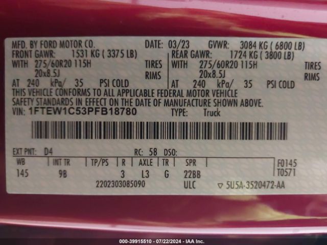 1FTEW1C53PFB18780 Ford F-150 Platinum