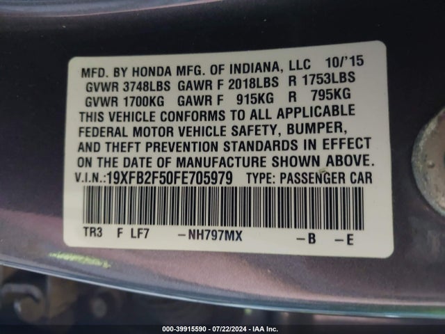 Honda Civic Lx 2015 19XFB2F50FE705979 Image 9