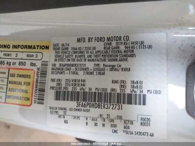 3FA6P0HD8ER372731 Ford FUSION SE