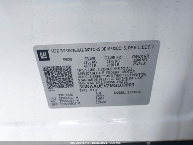 3GNAXUEV2MS103003 Chevrolet Equinox Awd Lt