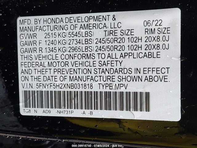Honda Pilot 2wd Special Edition 2022 5FNYF5H2XNB031818 Image 9