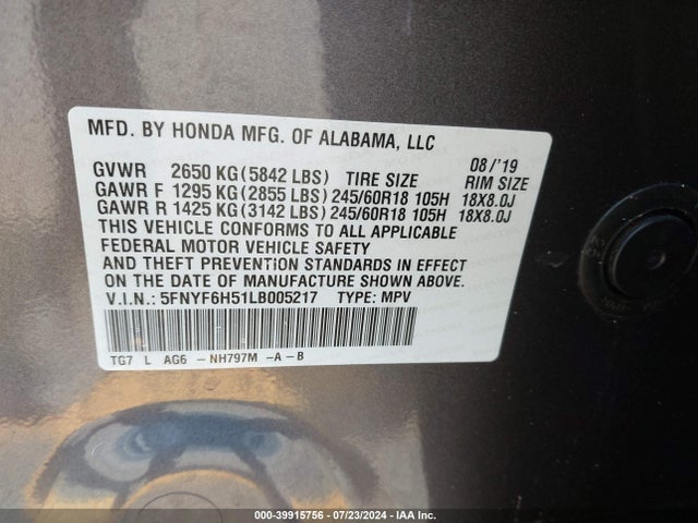 Honda Pilot Awd Ex-l 2020 5FNYF6H51LB005217 Image 9