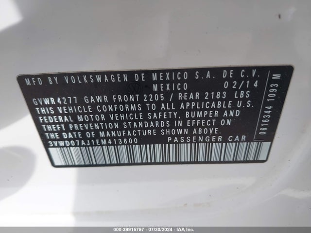 2014 Volkswagen Jetta 1.8t Se მანქანა იყიდება აუქციონზე, vin: 3VWD07AJ1EM413600, აუქციონის ნომერი: 39915757