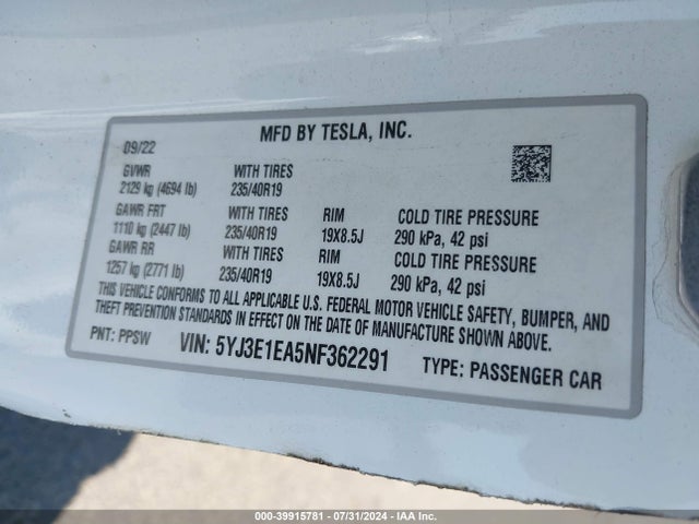 2022 TESLA MODEL 3 5YJ3E1EA5NF362291 Photo 8